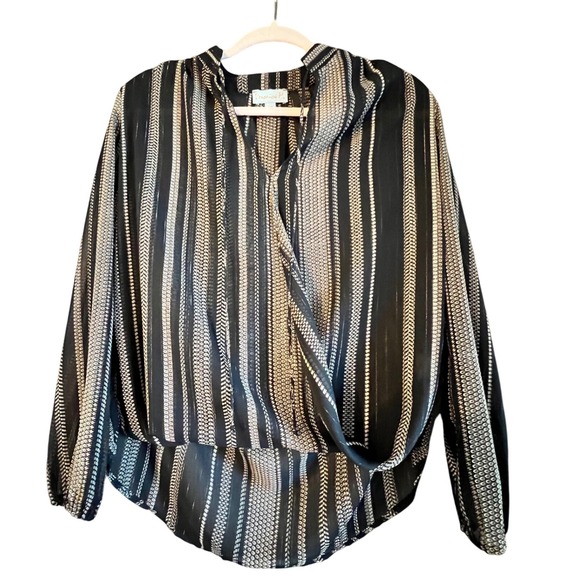 Veronica M Striped Blouse XS Long Sleeve Semi Sheer Black Beige Draped Top - Picture 1 of 6